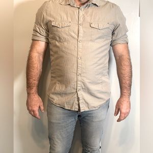 Calvin Klein Long Sleeve Dress Button Down Shirt Size Large Khaki Pinstripes